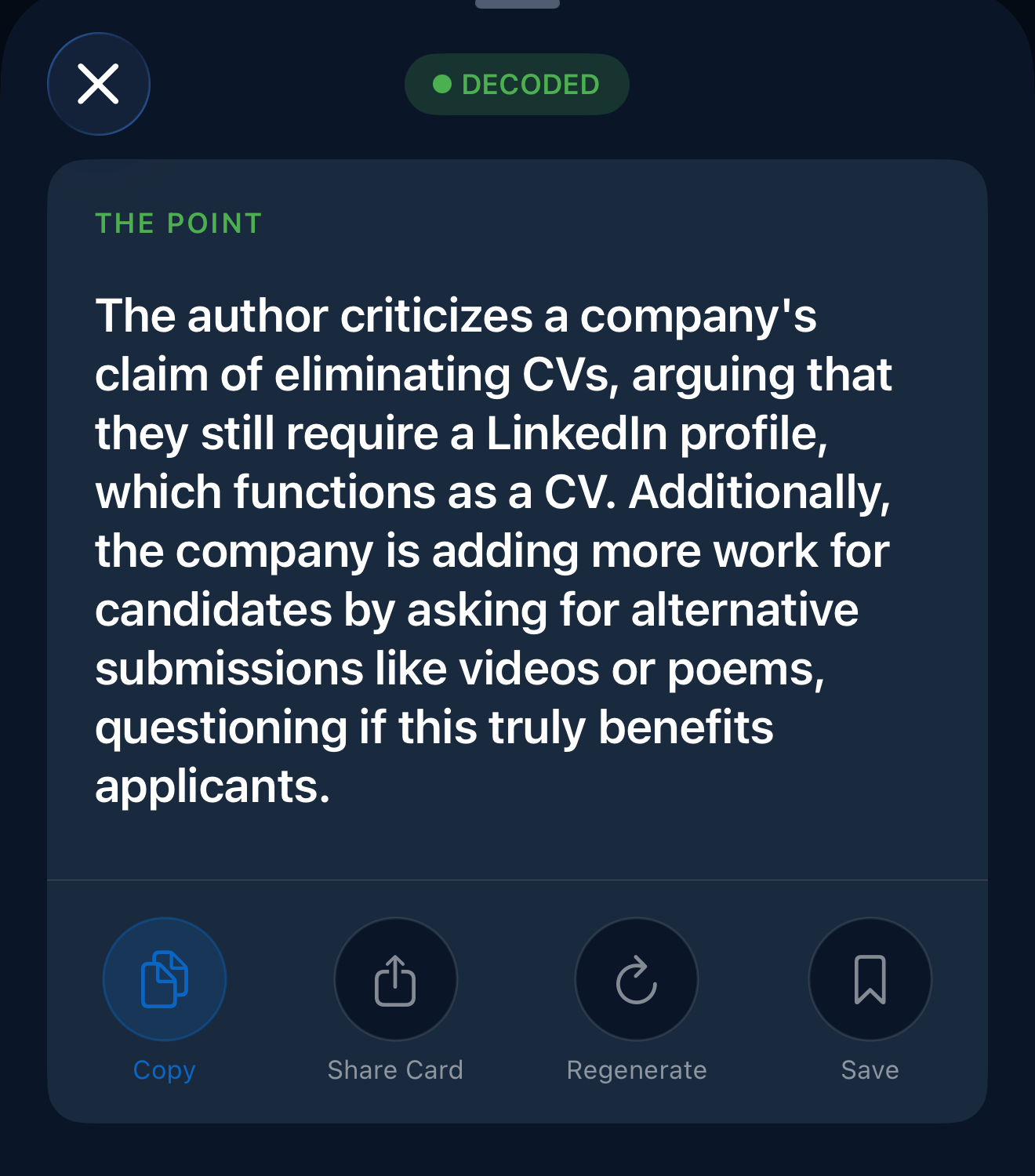 CorpSpeak decoded result labelled THE POINT, giving one plain-English summary of a post, with Copy, Share Card, Regenerate and Save actions.