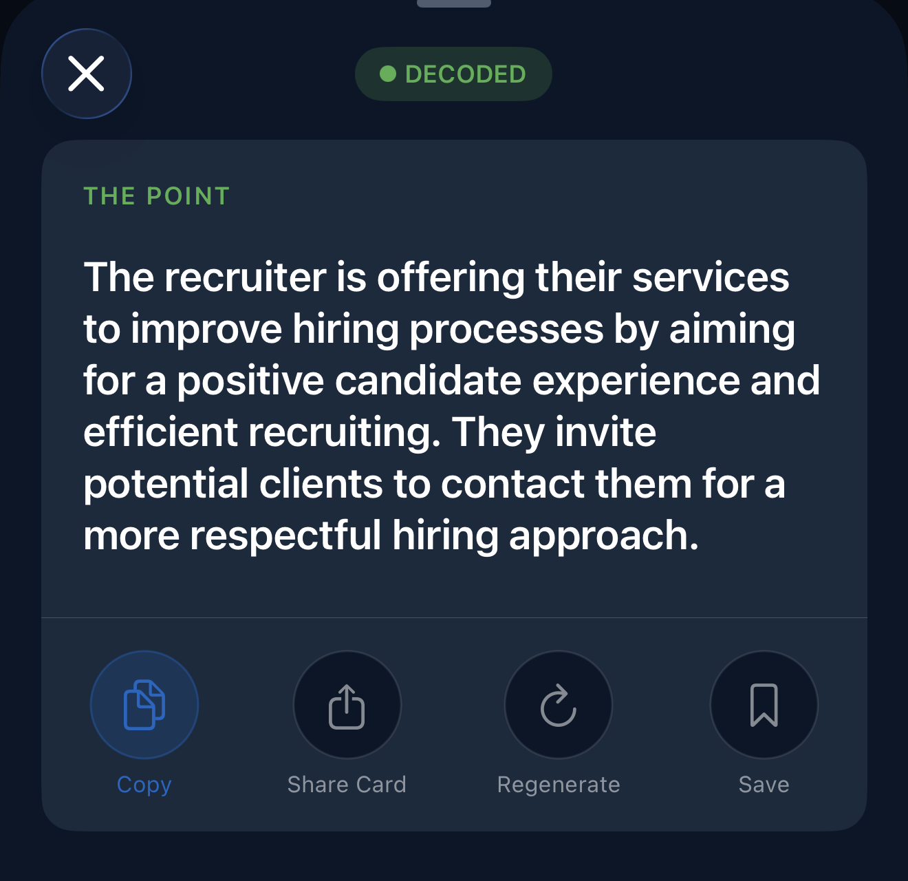 CorpSpeak decoded result showing a single THE POINT summary of a recruiter's services post, with Copy, Share Card, Regenerate and Save actions.