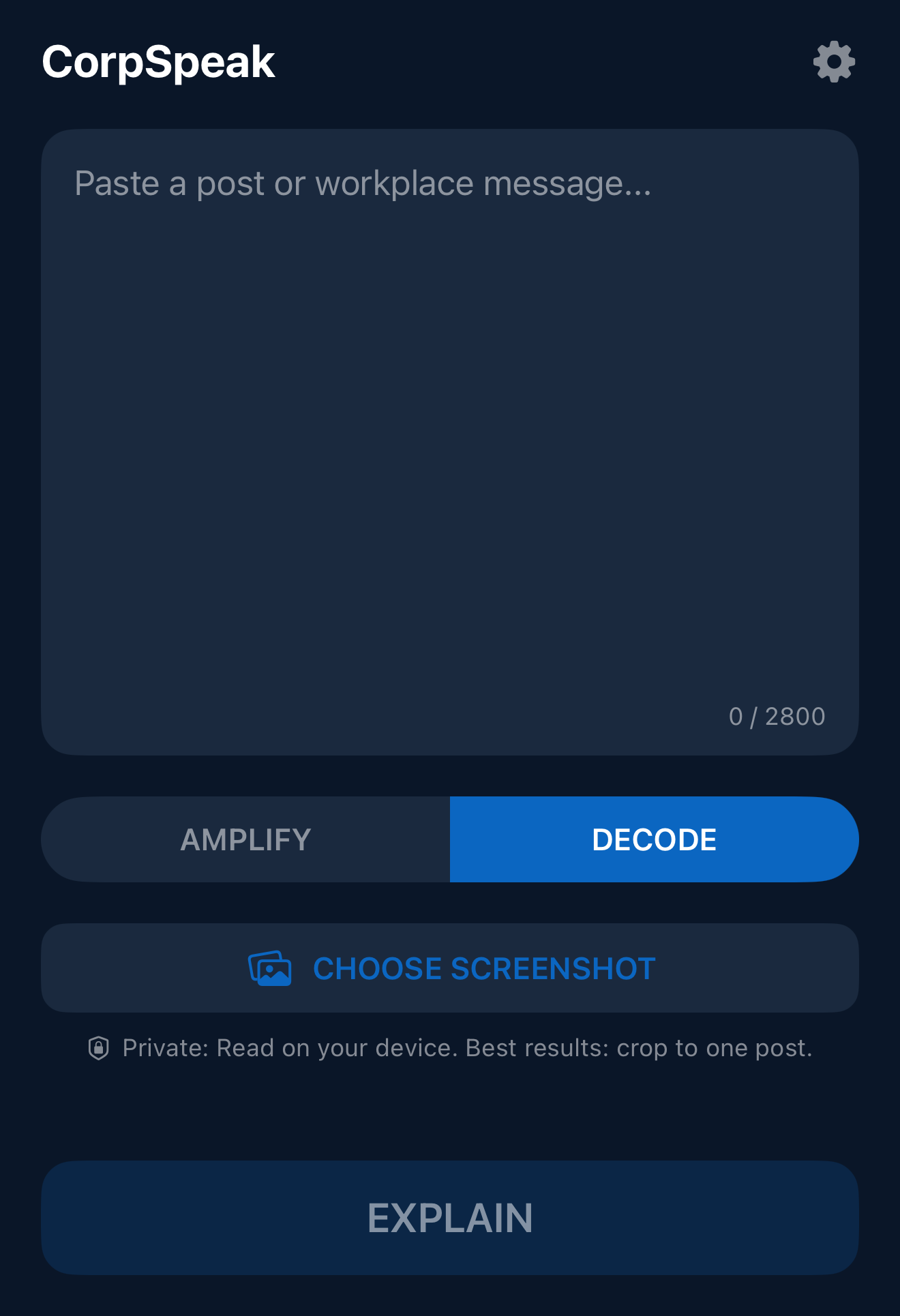 CorpSpeak app screen with Decode selected, a Choose Screenshot button, and a note that screenshot text is read on your device.